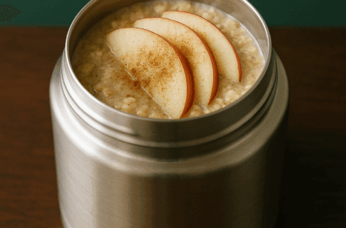 Thermos porridge with apple slices and cinnamon