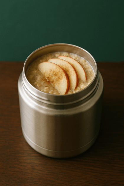Thermos porridge with apple slices and cinnamon