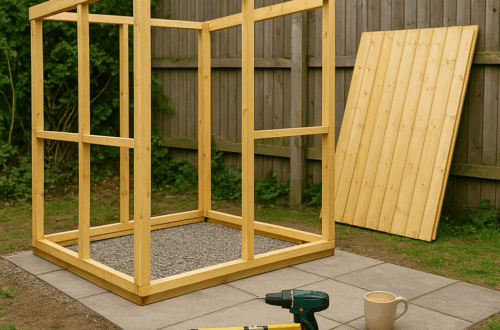 Partially built wooden garden shed on a level slab base with tools and a spirit level in a small UK garden
