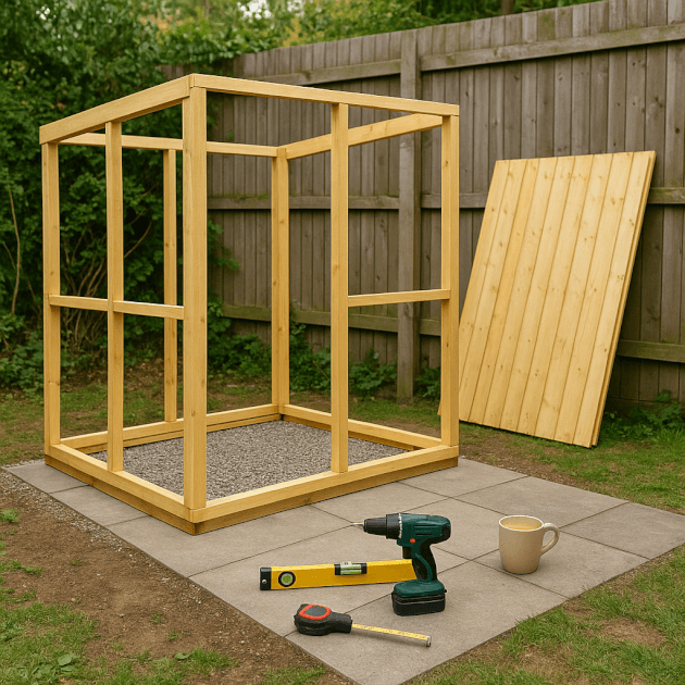 Partially built wooden garden shed on a level slab base with tools and a spirit level in a small UK garden