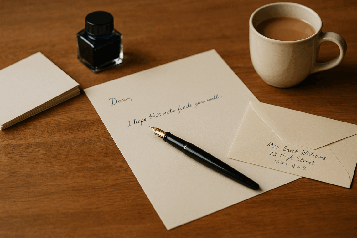Letter writing starter kit laid out on a wooden desk with cream paper, a fountain pen, an envelope, ink bottle and a mug of tea in soft natural light