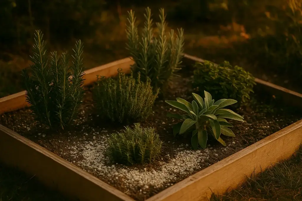 A raised bed with chalky soil featuring a selection of herbs growing