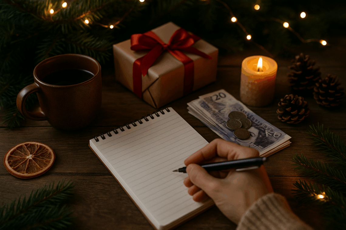 Person writing in a notebook at a wooden table with a mug of coffee, Christmas gift, burning candle, sprigs of evergreen and UK banknotes, creating a cozy festive money-planning scene.