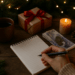 Person writing in a notebook at a wooden table with a mug of coffee, Christmas gift, burning candle, sprigs of evergreen and UK banknotes, creating a cozy festive money-planning scene.