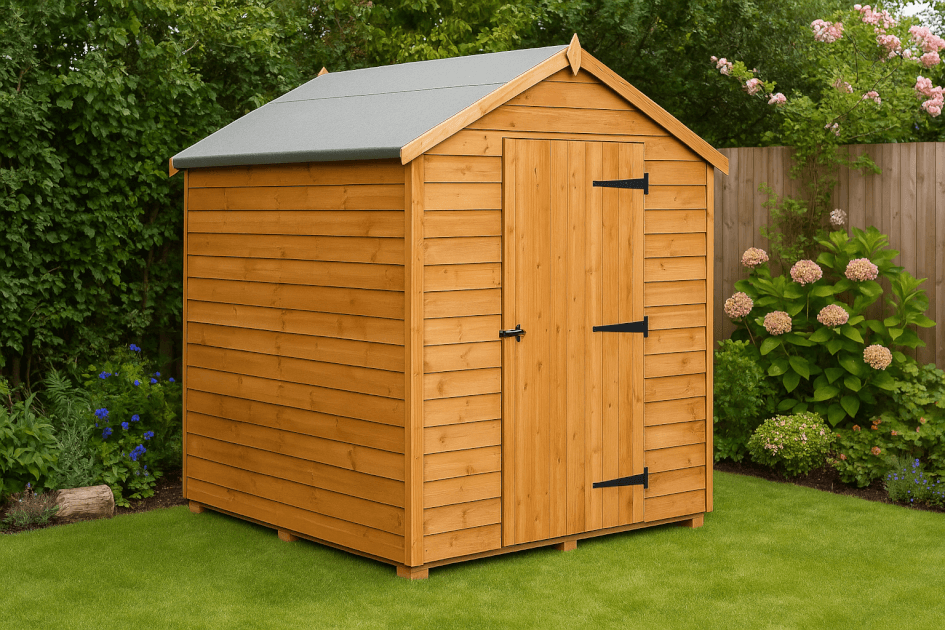 Honey-brown wooden garden shed with an apex roof on a neat lawn, surrounded by flowers and greenery.
