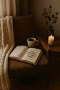 Cozy reading nook with open book, candle, and cup of tea – A Winter Reading List for Thoughtful Evenings