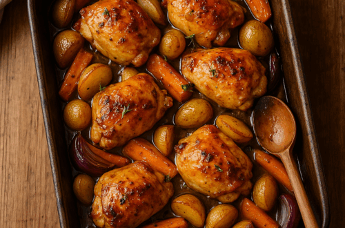 Roasting tray of Sussex honey and mustard chicken thighs with potatoes and carrots on a rustic wooden table