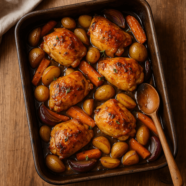 Roasting tray of Sussex honey and mustard chicken thighs with potatoes and carrots on a rustic wooden table