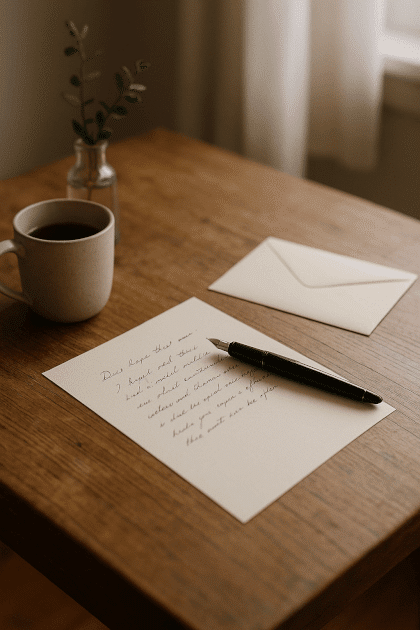 erhead view of a wooden desk with cream letter writing paper, a fountain pen and an envelope beside a mug of tea in soft natural light