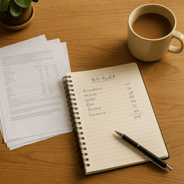 Overhead view of a wooden table with household bills, a notebook and a mug of tea, showing a calm budget check to cut household bills in the UK