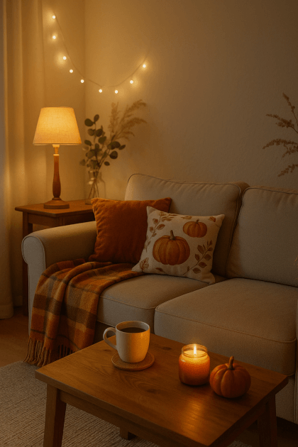 Cozy autumn living room corner with a plaid throw, warm cushions, a candle and a mug of tea on a wooden coffee table in soft evening light
