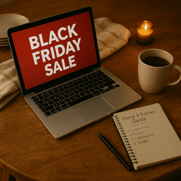 Overhead view of a wooden table with a laptop showing Black Friday deals, a handwritten home and kitchen shopping list in a notebook, and a mug of tea in warm evening light.