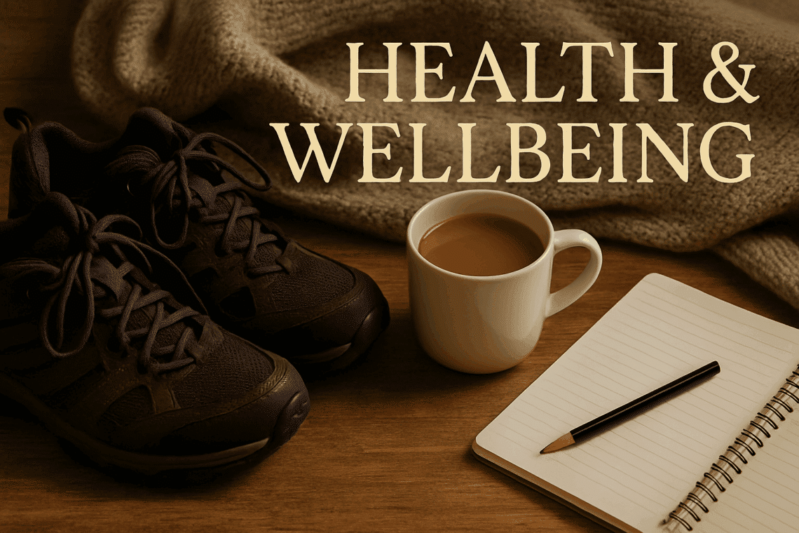 Still life of trainers, water bottle, fruit, a candle and a notebook on a wooden table, representing gentle health and wellbeing habits at home