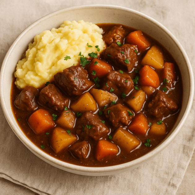 Bowl of slow cooker beef stew with root vegetables in a rich gravy, served with mashed potatoes.