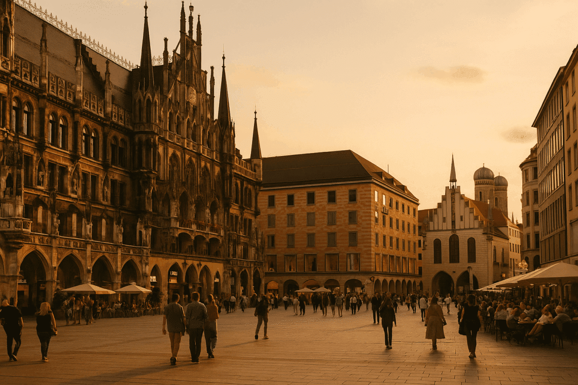 Marienplatz in Munich at golden hour with the Neues Rathaus and people enjoying a weekend in the city