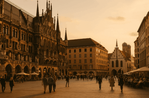 Marienplatz in Munich at golden hour with the Neues Rathaus and people enjoying a weekend in the city