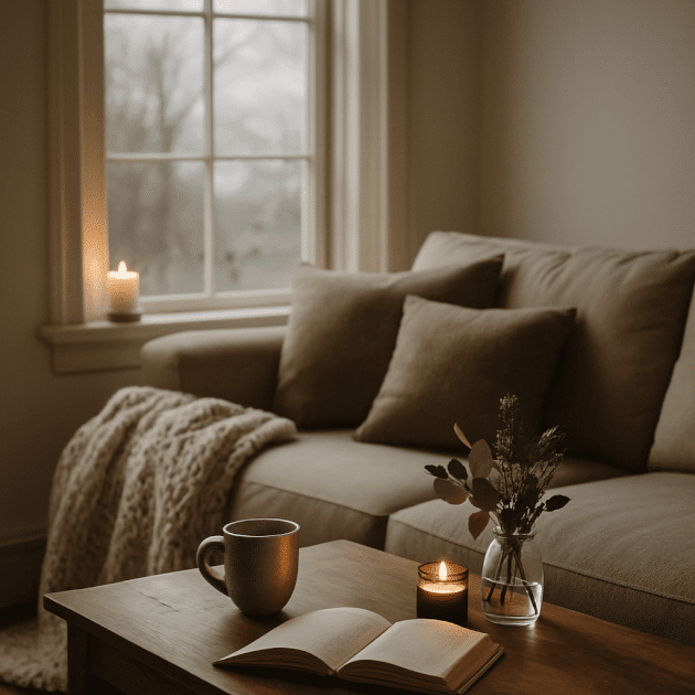 A cozy winter living room with a sofa, chunky knitted throw, steaming mug of tea, open book and candle on a wooden coffee table, with a grey winter sky outside the window.