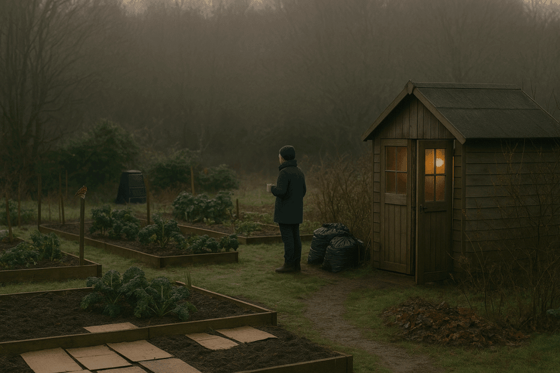 Winter allotment with mulched beds, a small shed and a gardener in a woolly hat carrying a mug