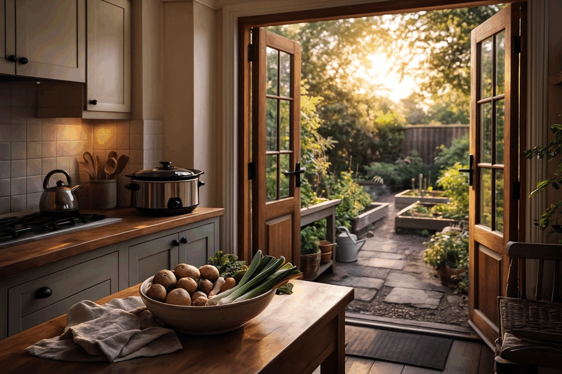 Cosy UK kitchen with a slow cooker and fresh vegetables on the counter, looking out to a small back-garden allotment with raised beds.