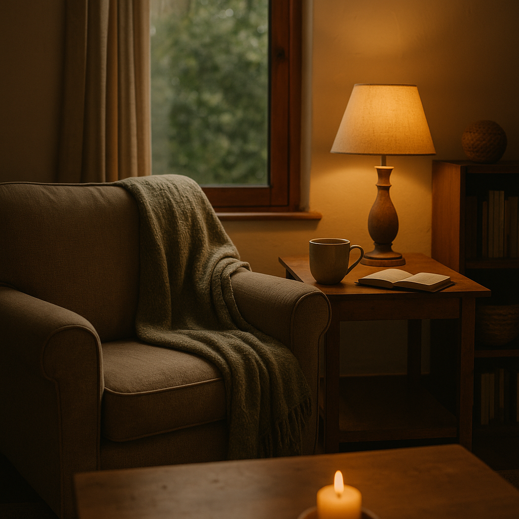 Cosy UK living room with an armchair, blanket and mug of tea in warm evening light, creating a relaxed slow living atmosphere.