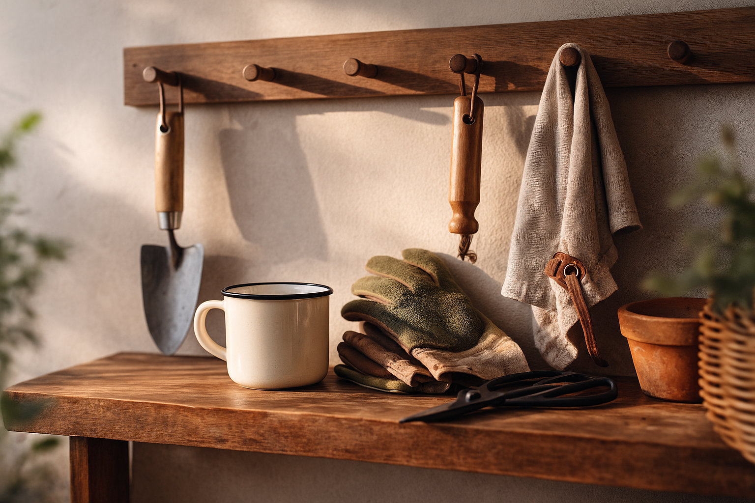 Shelf with well-used home and garden tools, including a trowel, gloves and enamel mug, in warm natural light.