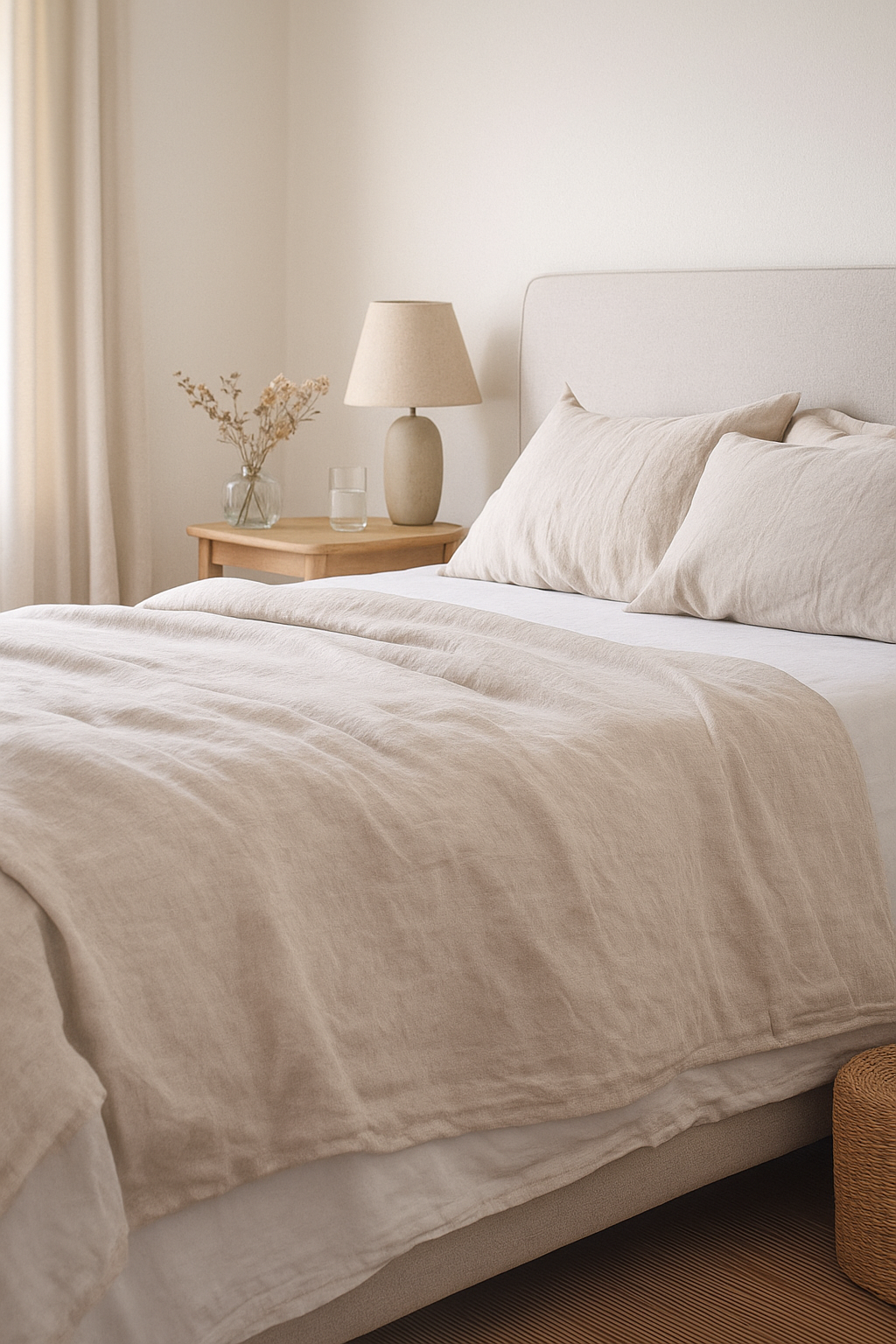 Soft, neutral-toned bedroom with a neatly made linen-covered bed, wooden bedside table, lamp and small vase of dried flowers in natural daylight, creating a calm and restful atmosphere.