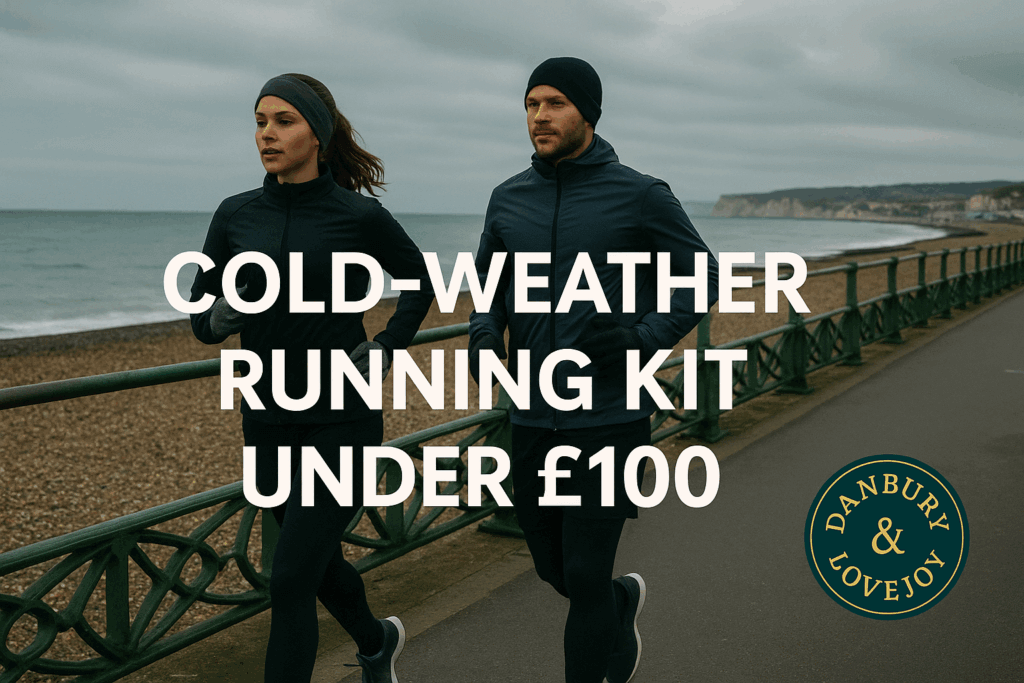 Man and woman running along a UK seafront in cold weather wearing budget winter running kit under £100